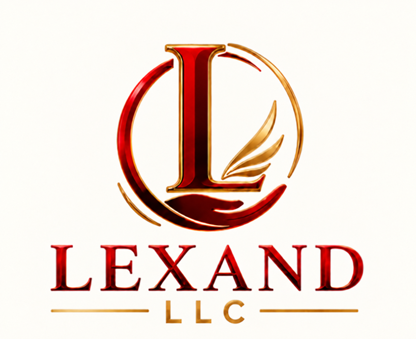 Logo oficial LEXAND LLC: inicial L roja rodeada por un trazo circular y una pluma dorada